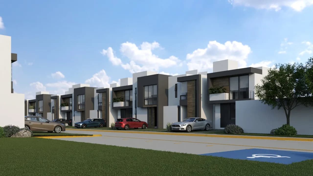Render de la calle interior de Esmeralda Residencial 10 con las fachadas de las casas