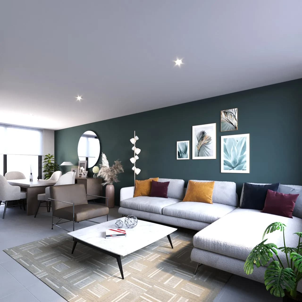 Render de la sala y el comedor en planta baja