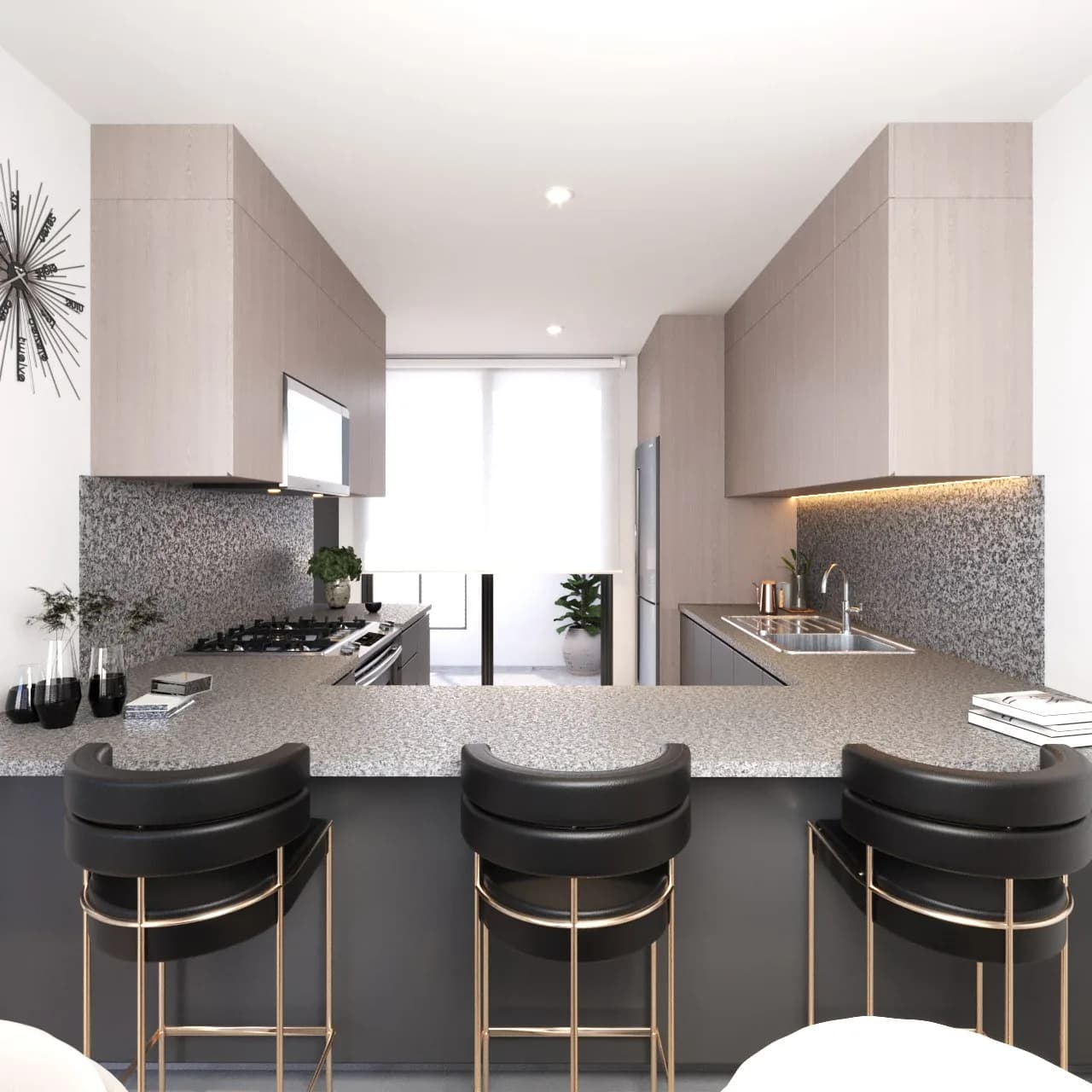 Render de la cocina con barra de granito