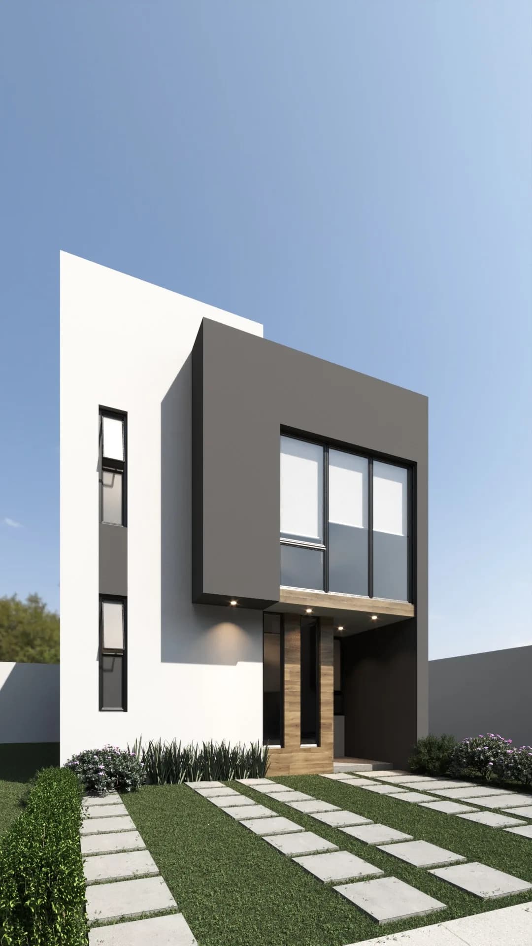 Render de la fachada del modelo Alana en Esmeralda Residencial 10, casa de dos niveles con ventanal en planta alta