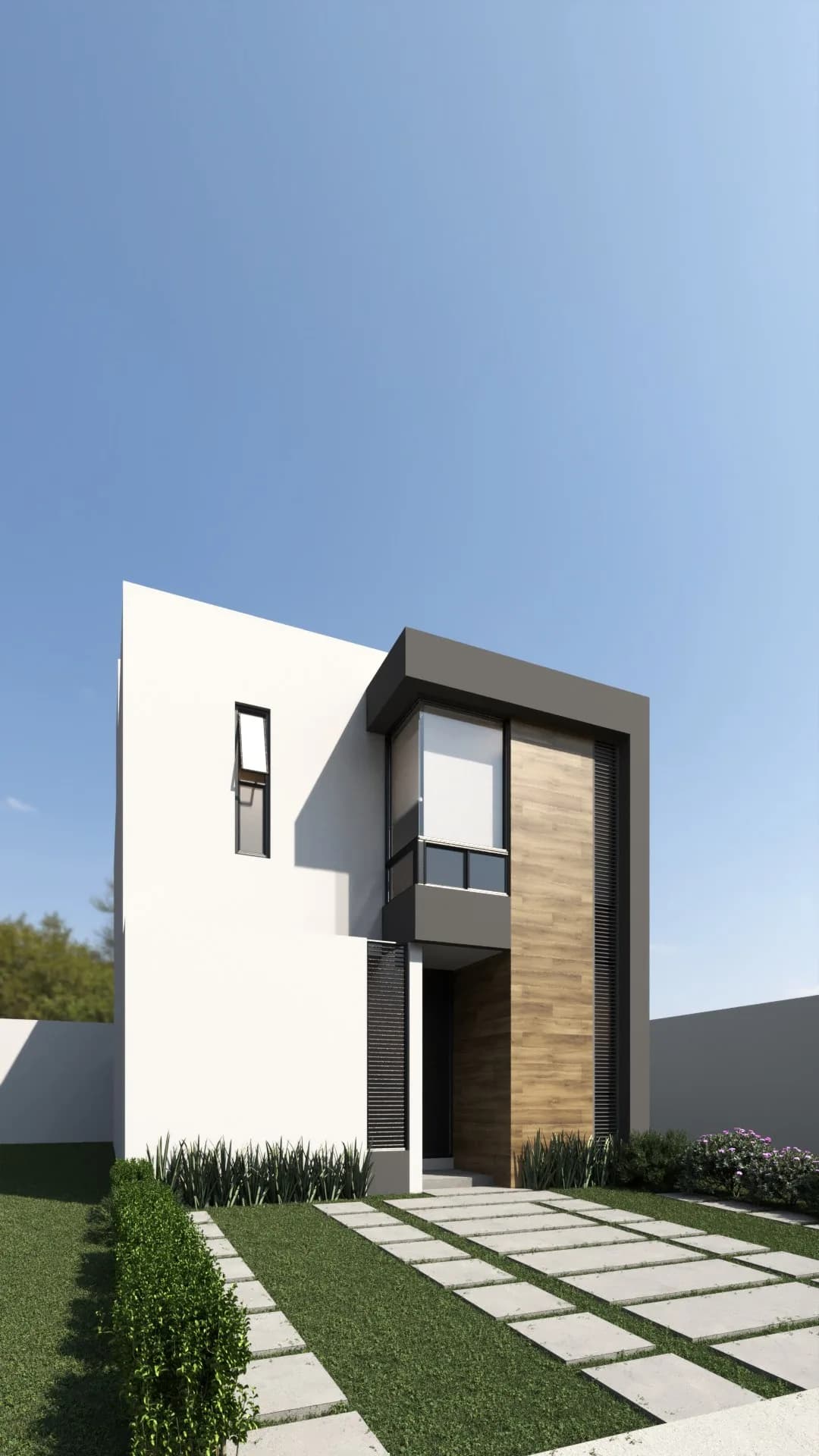 Render de la fachada del modelo Lua en Esmeralda Residencial 10, casa de dos niveles con acabado de madera