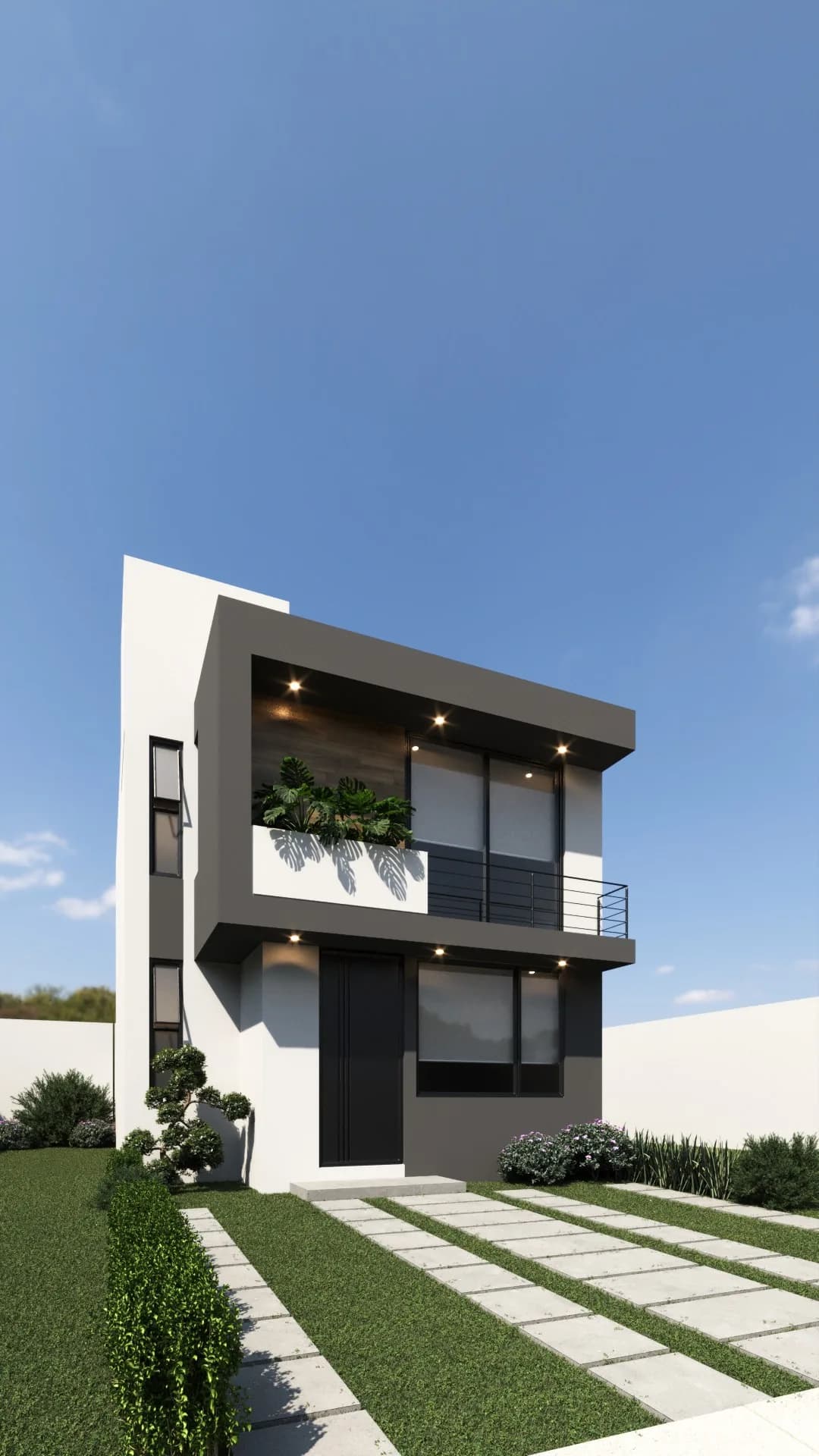 Render de la fachada del modelo Prata en Esmeralda Residencial 10, casa de dos niveles con balcón