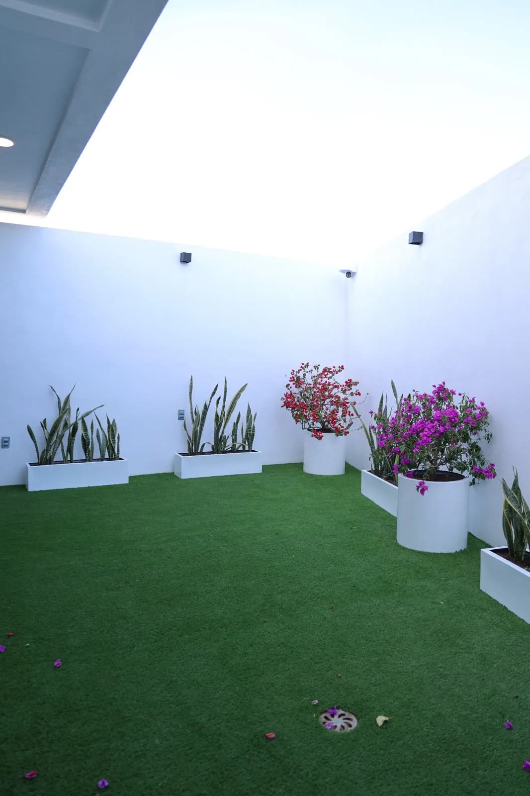 Jardín privado con pasto sintético y jardineras